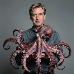 mr. rogers proudly displaying a horrific mutated octopus demon that he holds in his hand. 4 k color horror photo.