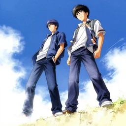 manga illustration, two men standing at the edge of reality, dynamic perspective, y 2 k, unknown