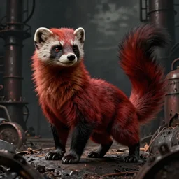 * tail * a handsome weasel bandit furry red - and - black male fursona animal, smirking, posed on a gritty industrial background by peder balke, dark industrial fantasy, furry art, deviantart contest winner, tumblr contest winner, a furry's fursona has a ^ tail * tail * a wagging tail