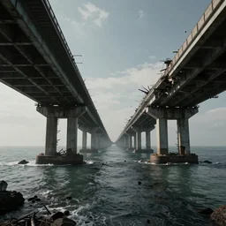 grainy futuristic photo of the remains of an enormous destroyed freeway bridge on the new york coast after the apocalypse ; the bridge leads into the wide ocean