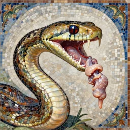 photograph of a snake with human fingers instead of teeth, covered in chicken ovaries hyper - detailed in byzantine mosaic