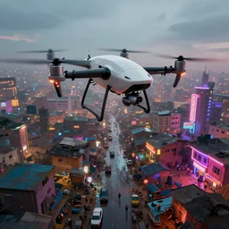 3 d vfx - caricature - art of a drones flying over a bustling - neon lit - wet ajegunle slum in nigeria, cinestill 8 0 0 t photograph, unreal engine render, digital illustration, illustration style by mike winkelmann, sharp, intricate detail, volumetric light, ray tracing, soft light, colourful, surreal environment, drone view, fish eye lens,