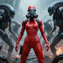 big budget scifi movie set in postapocalyptic world sexy female cyborg in red rubber and gas mask kills aliens brainsuckers in a futuristic battle
