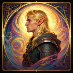 side profile centered painted portrait, blonde male elf ranger, D&D, Gloomhaven, matte painting concept art, art nouveau, beautifully backlit, swirly vibrant color lines, fantastically gaudy, aesthetic octane render, 8K HD Resolution, by ilya kuvshinov and Cushart Krentz and Gilleard James