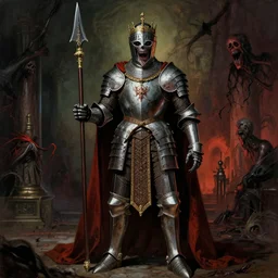 cinematic colorful horror artwork by jean delville, beksinski, bernie wrightson ; ancient knight wearing royal ornamented armor, wielding royal halberd, full body concept, haunting, brutal scary terrifying, 8 k hdr, creepy intricate ; dramatic lighting, insanely detailed