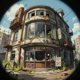 a beautiful detailed illustration of urbex abandoned architecture building store industrial architecture by jan van goyen, futuristic scumm bar retrowave fisheye anime, archdaily, wallpaper, highly detailed, trending on artstation.