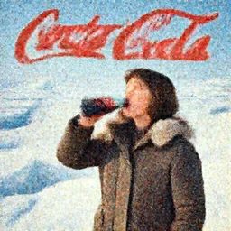 a single woman wearing a parka drinking a bottle of coke in front of an icy polar landscape full of snowdrifts and ice, polar bear in the far background, coka-cola advertisement, retro ad, print advertising, 1960's