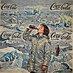 a single woman wearing a parka drinking a bottle of coke in front of an icy polar landscape full of snowdrifts and ice, polar bear in the far background, coka-cola advertisement, retro ad, print advertising, 1960's