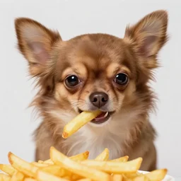 a photorealistic closeup image of a cute brown colored long haired chihuahua cocker spaniel dog eating french fries with a happy white bichon frise dog in paris. brightly lit. extreme detail. 4 k hd unreal engine