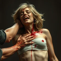 someone slapping the everliving hell out of ellen, upper body shot, hard slap, puking blood