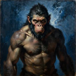 portrait of a grotesque apelike muscular neanderthal caveman, oil on canvas, national art museum, sinister, dark angular natural tones, harsh face, rule of thirds, staring fiercely at camera, blue tones, rain and thunders, by caravaggio, by velazquez, by el greco, by mucha, digital painting