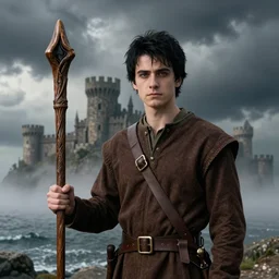 photographic portrait of young male wizard from the waist up with black hair wearing a brown jerkin and bandolier and wielding an intricate wooden staff in front of a castle by the sea, photorealistic, dramatic lighting, intense clouds, sharp detail, hyper realistic, foggy atmosphere