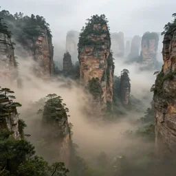 A sandstorm in Zhangjiajie National Forest Park, stunning painting by Ruxing Gao, artstationHD, artstationHQ