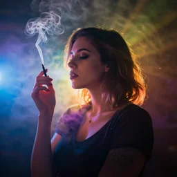 woman smoking with rainbow haze around her and lights streaming in