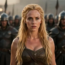 epic photo of muscular young gillian anderson as beautiful medieval warrior queen with very long blonde hair, battle scene with a thousand warriors behind her in the background, sweaty, detailed eyes, neutral expression, shallow depth of field, photorealistic, cinematic lighting, lovely bokeh, warm colours, dusk, movie quality, conan the destroyer 1 9 8 5, movie still, cinemascope