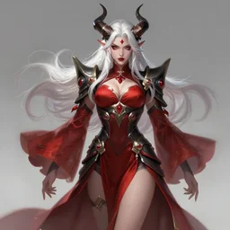 a highly detailed illustration of fierce beautiful long white haired horned demon woman wearing red and black battle dress, dramatic imposing pose, intricate, elegant, highly detailed, centered, digital painting, artstation, concept art, smooth, sharp focus, league of legends concept art, wlop.
