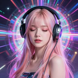 beautiful portrait of a woman with pastel long hair with her eyes closed facing the camera centered with headphones on in the style of a code vein character, momo from twice in code vein in the style of WLOP, artgerm, yasutomo oka, rendered in unreal engine and redshift octane , background is surrounded by epic neon glitch effect digital art dynamic dramatic lighting, soft lighting, imagine fx, artstation, cgsociety, by Bandai Namco artist,