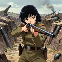 anime key visual of tanya degurechaff aiming down a bolt action rifle, official digital media illustrated by artist so - bin, 1 9 1 8 colorized footage of the great war, trenches bombs, trending on artstation
