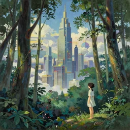A beautiful forest painting of a dystopian future with skyscrapers by Alfons Maria Mucha and Julie Dillon and Makoto Shinkai