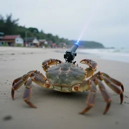blurry dof shoulder shot of a gigantic crab with laser - turret on its back crawling towards village near a beach, [ laser ] [ turret ] [ attached ] to top of crab, photography