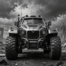 ultra realist 3d soft paint of a gothic four wheel vehicle fully armored, MadMax, action sequence, symmetry accurate features, very intricate details, ominous sky, black and white, volumetric light clouds, post apocalyptic background