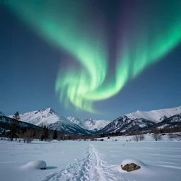 photograph of an aurora in a snowy landscape, mountains, ultradetailed, ultrarealistic, intricate, ray tracing, volumetric lighting, 4 k resolution