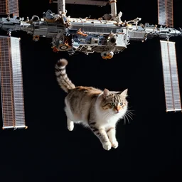 Photo of a cat floating inside the International Space Station in zero gravity, highly-detailed 4K award-winning cinematic, wide angle