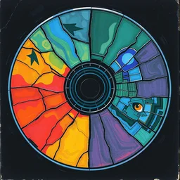 a photo of a cracked cd by george condo, visual novel, ink, dramatic, perspective, analogous - colors