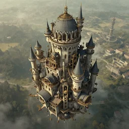 ( ( ( ( ( 1 9 5 0 s steampunk castle in the sky, muted colors, drone shot ) ) ) ) ) by jean - baptiste monge!!!!!!!!!!!!!!!!!!!!!!!!!!!