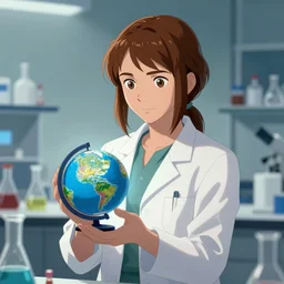 a laboratory, ( ( ( ( ( katniss everdeen ) ) ) ) ) as a scientist is holding a tiny globe, digital art, greg rutkowski, artstation