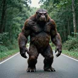 a 1 9 0 0 s grainy photo of a cryptid monster in a forest road