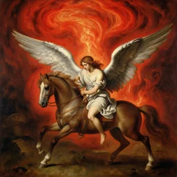 this painting seems to depict a wingless angel on a horse who looks down at the ground beneath him. meanwhile, above him is a twisting funnel of angry red fire.
