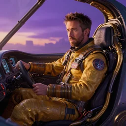 ryan reynolds cyber pilot, wired inside cockpit, atmospheric lighting, painted, intricate, golden and purple hour, ultra detailed by peter gric, giger, enki bilal