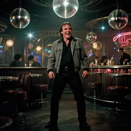 the full - body shot of laughing unkempt drunkard brawler joaquin phoenix with sideburns worn in grey jacket in steampunk disco bar, still shot from withnail & i movie with cinematography of christopher doyle, frostpunk, dishonored, disco elysium, neon light, discoball light, anamorphic, optical flares, low contrast kodak film, sharp focus, 8 k