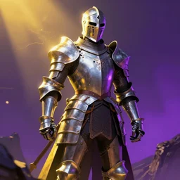knight in polished shiny armor staying on the cliff, helmet skull, dark fantasy, volumetric light, neon lit, yellow and violet light, sharp focus, ryan wong illustration