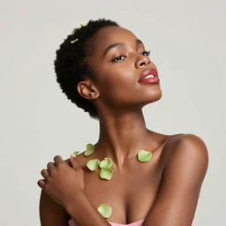 the portrait of an absurdly beautiful, graceful, elegant, sophisticated, fashionable half - black woman made of strawberries and green petals looking up, an ultrafine hyperdetailed illustration by kim jung gi, irakli nadar, intricate linework, bright colors, octopath traveler, final fantasy, unreal engine 5 highly rendered, global illumination, radiant light, detailed and intricate environment