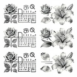 beautiful decorative classical ornamental flash sheet, fibonacci rhythms, roses, lilies, rose petals, lily petals, acanthus scrolls, highly detailed blackwork tattoo, neo - traditional, small medium and large elements