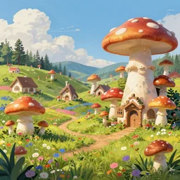 Realistic digital art of mushroom cottage village on a colorful meadow, cottagecore vista concept art by Ed Binkley, RHADS, trending on artstation