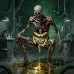 dark green hi-tech sci-fi lab at night, realistic gustave coubert painting a hideous and sick human exposed guts crawling in two legs and dripping golden metalic fluid from intestine into a pool of golden liquid on the floor. Smokey atmosphere