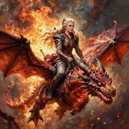 daenerys targaryen, drogon, dragonriding, fire, blood, oil painting, Tooth Wu, Greg Rutkowski, RPG portrait, dynamic lighting, fantasy art, High contrast, depth of field