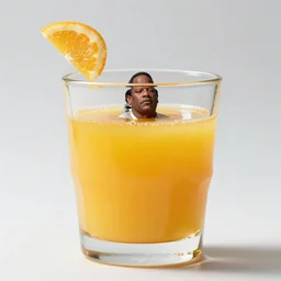 ( miniature real life o j simpson ) floating in [ inside a glass of orange juice ] blend mix hybrid