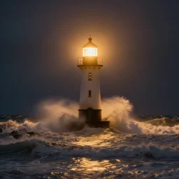 a photo of a lighthouse in a storm at night. lonely, churning waves, splashing on lighthouse. warm lighting, long exposure