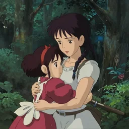 “portrait of the goddess of love and her daughter making a ritual sacrifice in a magical forest, ghibli, detailed, sharp focus, digital art, detailed face”