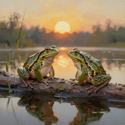 Two frogs sitting on a log in a pond, the sun is setting, stylized as an oil painting