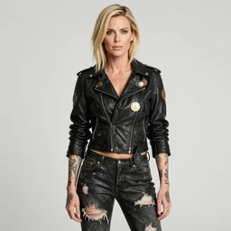 debbie harry wanderer with tattooed arms and legs wearing a scratched leather and ripped aviator leather jeans, wearing a short black jacket with rusty medals on it, character sheet, head details, props, concept design, contrast, kim jung gi, greg rutkowski, trending on artstation, 8 k, full body, turnaround, ultra wide angle, pincushion lens effect
