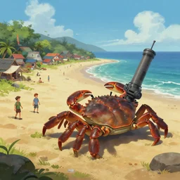 establishing shot of a village near a beach, a gigantic crab crawling from the ocean towards village, [ laser ] [ turret ] [ attached ] on crab, matte fantasy painting, deviantart artstation, by jason felix by steve argyle by tyler jacobson by peter mohrbacher, cinematic lighting