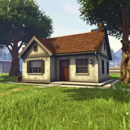 A photo of a beautiful cottage, with a lush grass lawn, featuring a tree in the style of GTA V, gameplay footage