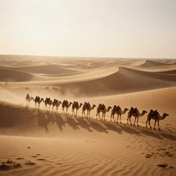 a 2 8 mm macro tilt shift view of a camel caravan crossing sand dunes in the desert with the afternoon sun, photography, film, film grain, canon 5 0 mm, cinematic lighting, golden hour, sandstorm,