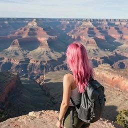 a young woman with long pink hair looking at grand canyon, hiking clothes, tank top, backpack, arizona, grand canyon in background, cinematic, beautiful, stunning, day time, epic, 8 k