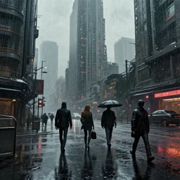 a beautifull intricate rainy day in a cyberpunk city, brutalism, punks, reflexions, raindrops, high details by william turner art, greg rutkowski and alphonse mucha, trending on artstation, very very detailed, masterpiece,